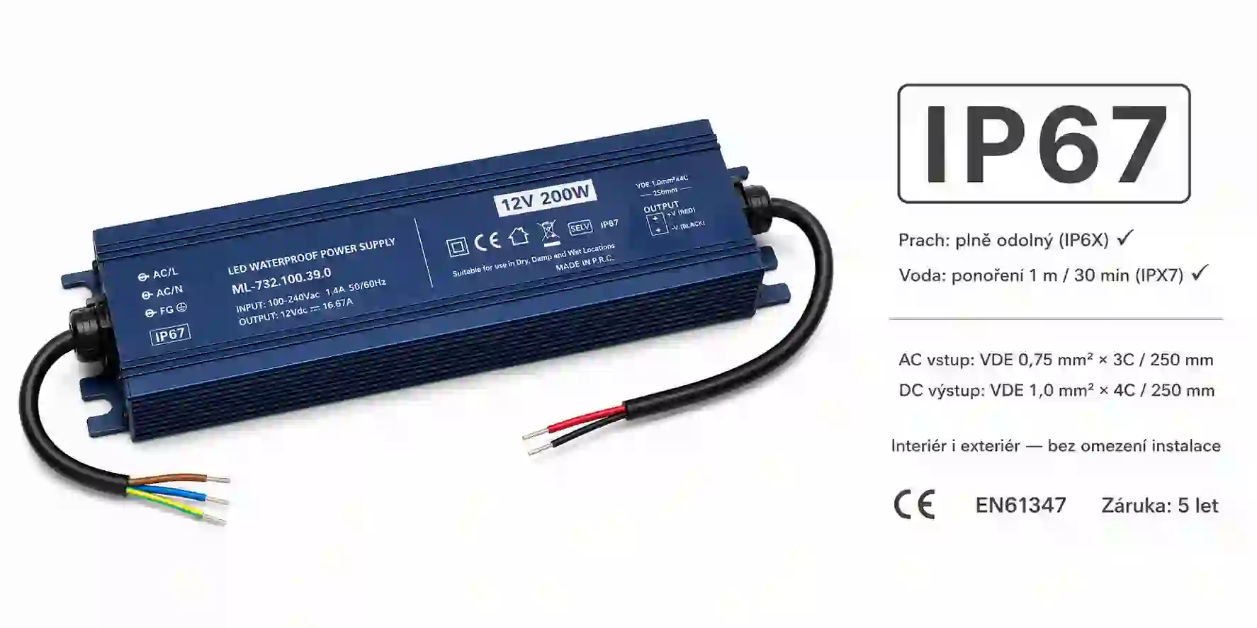 Teplotní křivka a účinnost LED zdroje McLED 12V 200W s deratingem nad 45°C a účinností 89 procent